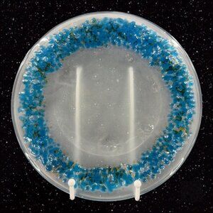Round Fused Art Glass Dish Plate Clear Frosted With Blue Dots All Around It